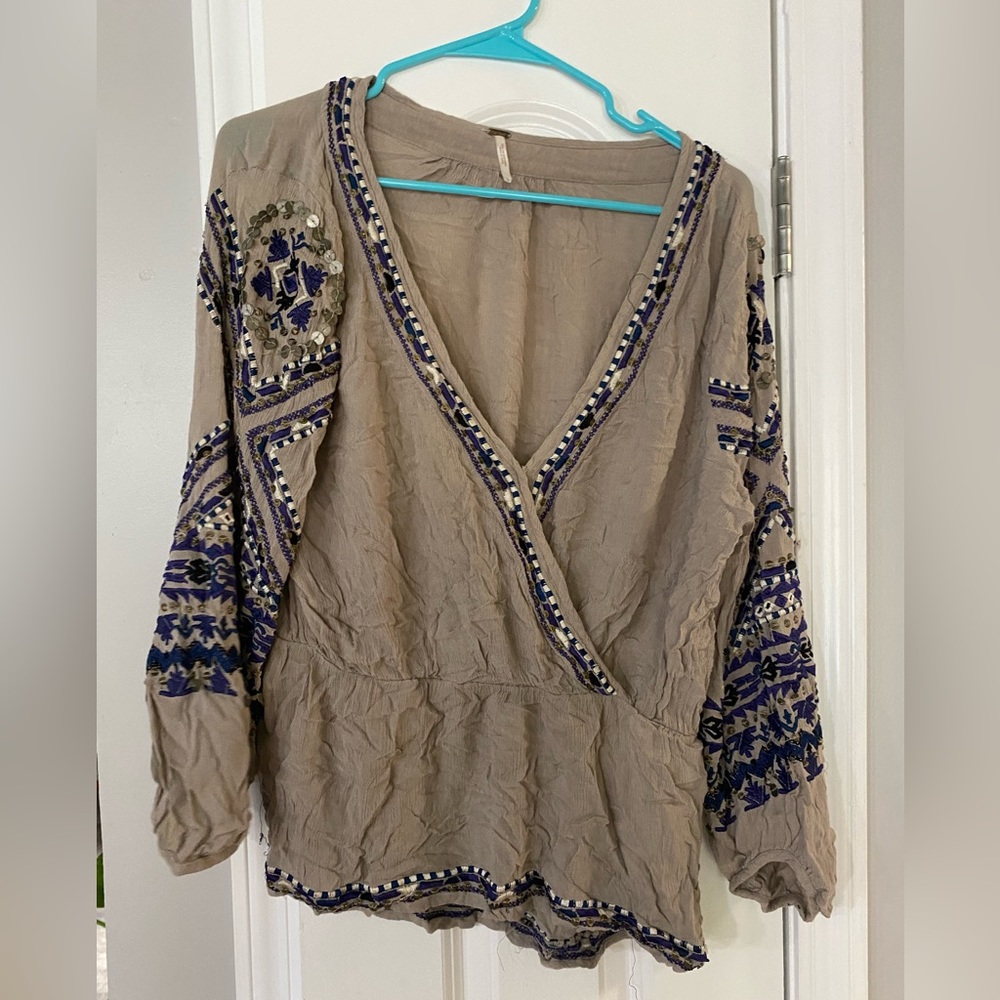 Free People sequin tan and blue top